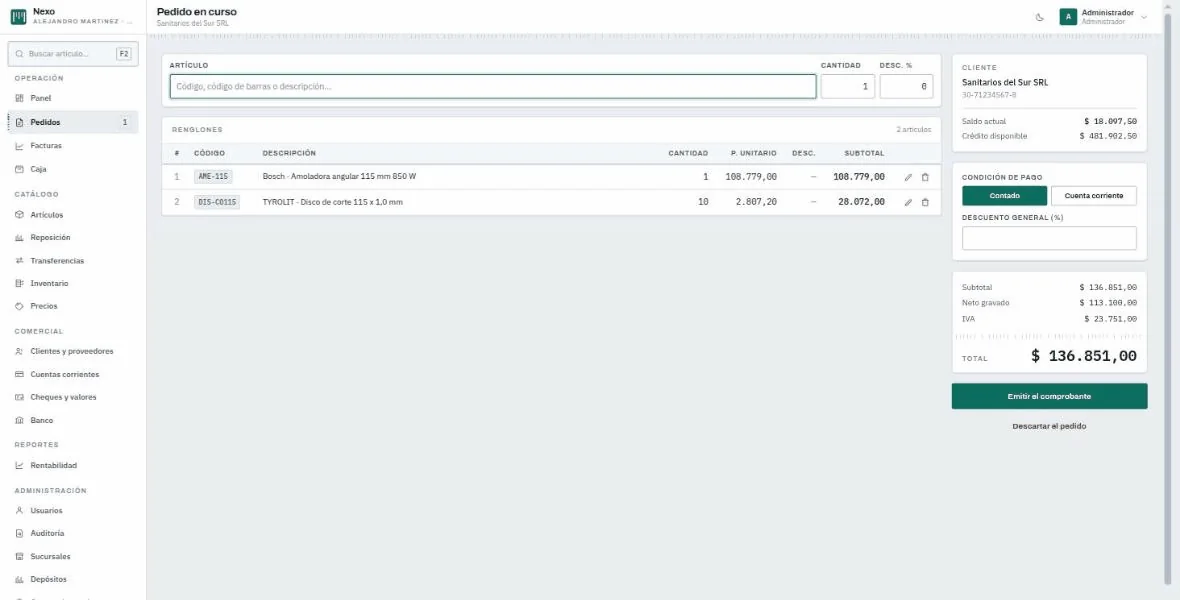 Pedido en curso con dos renglones, el crédito disponible del cliente y el IVA separado