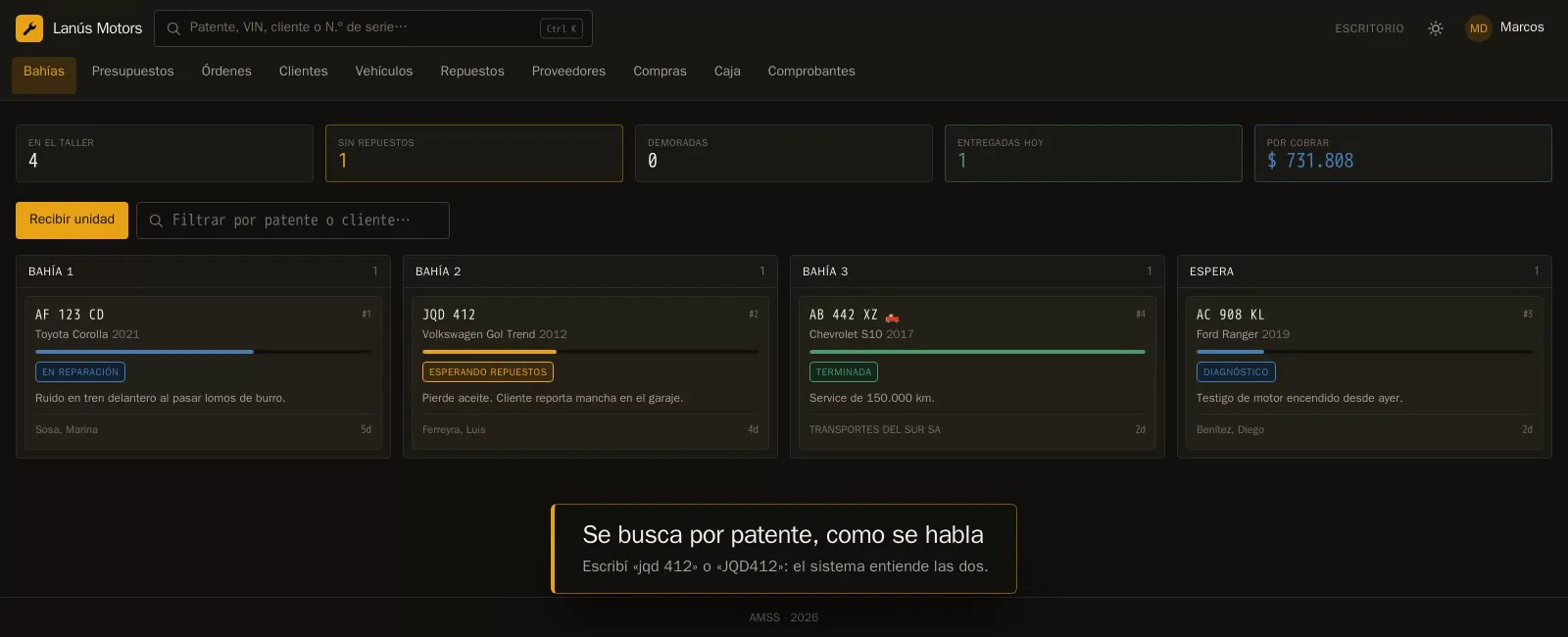 Tablero de bahías de Torque: cada columna es un elevador con la unidad que tiene adentro y su estado